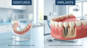 difference between dentures and implants